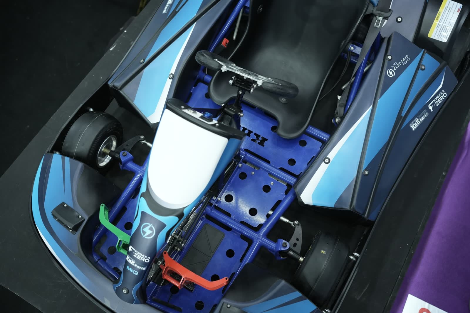 Overhead view of kart chassis and components